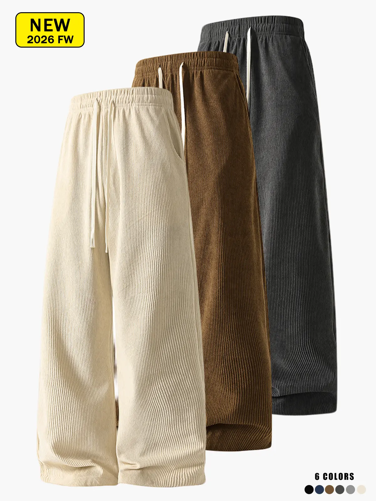 Minimalist Vertical Ribbed Wide Leg Trousers, Unisex Loose Baggy Fit Elastic Drawstring Waist Soft Fall Daily Casual Streetwear Long Pants