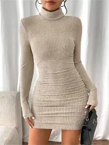 Women's Autumn/Winter Solid Color High Neck Long Sleeve Minimalist Casual Slim-Fit Short Dress, Simple and Elegant Versatile Basic Style