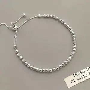 US-FASHION - 100% Solid 925 Sterling Silver Metal Bracelets for Women Men Beads Adjustable Handmade Simple Bracelet Birthday Christmas Gifts