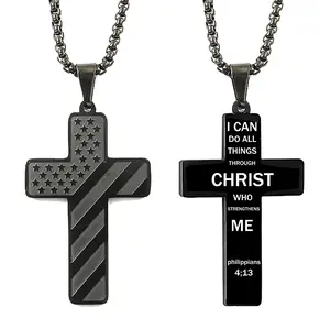 Black American Flag Cross Necklace for Boys Men Stainless Steel Bible Verse Pendant with 22 Inch Chain First Communion Baptism Religious Jewelry Gift