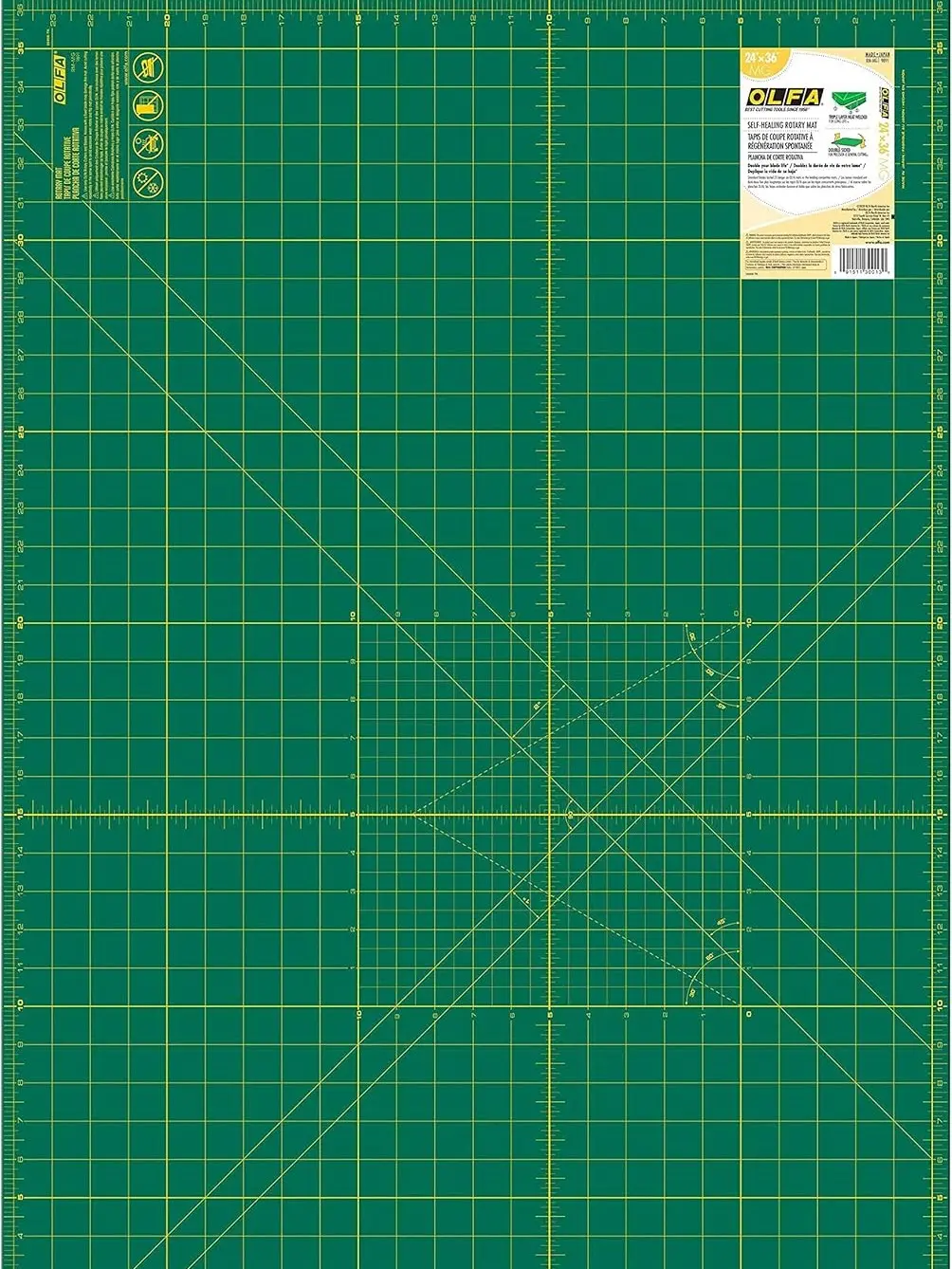 OLFA 24" x 36" Self Healing Rotary Cutting Mat (RM-MG) - Double Sided 24x36 Inch Cutting Mat with Grid for Quilting, Sewing, Fabric, & Crafts, Designed for Use with Rotary Cutters (Green)