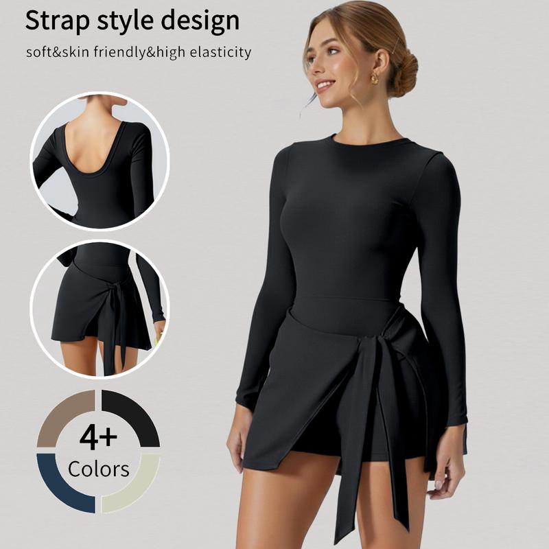 Women's Long Sleeve Solid Color Tennis Dress with Side Slit & Built-in Shorts High Stretch Nylon for Yoga Golf Athletic Activities Crew Neck Spring Summer