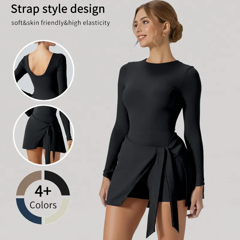 Women's Long Sleeve Solid Color Tennis Dress with Side Slit & Built-in Shorts High Stretch Nylon for Yoga Golf Athletic Activities Crew Neck Spring Summer