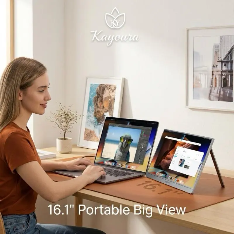 Kayoura Z1C 16.1 Inch Portable Monitor, FHD 1080P Ultra-Slim External IPS Display for Laptop, PC, Mac, Phone, Xbox, PS5, Switch, Plug & Play Travel Monitor with Dual USB-C and Mini HDMI 1080p gaming screen second display travel lightweight extended dual m