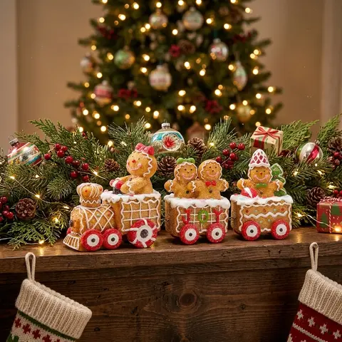 Hodao Gingerbread Man Christmas Train Figurines Resin Holiday Decor, Cute Gingerbread Family Train Tabletop Figurine for Christmas Home Tiered Tray Mantel Decoration, Holiday Gift