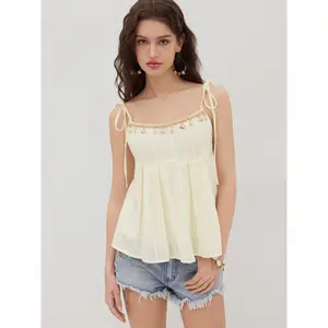 Cider Cotton Shell Beaded Bowknot Pleated Oversized Cami Top