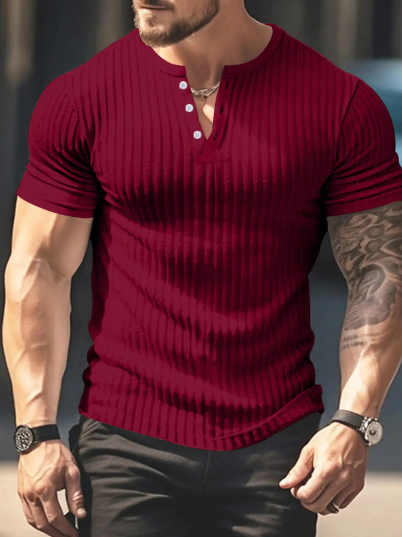 Men's casual Henry collar short-sleeved Henley T-shirt, Casual Tee Shirt, with stretchable elastic striped breathable fabric, a fashionable streetwear spring and summer top, suitable for comfortable daily wear and exercise/bodily workouts, Menswear