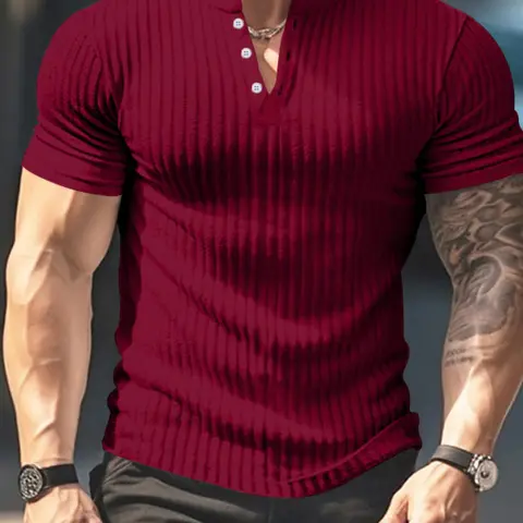 Men's Ribbed Henley T-Shirt, Short Sleeve 3-Button Slim Fit Stretch Tee, Solid Casual Streetwear Top for Spring & Summer, Daily Wear, Gym & Workout, Menswear
