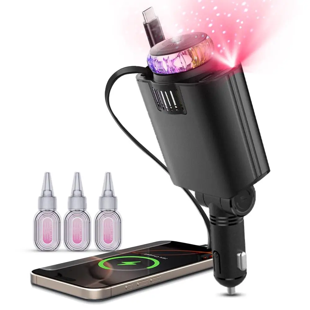 Retractable Car Charger, Aromatherapy Spray Car Charger with 2 USB Ports, Fast USB Car Charger for Phone, Dual Cable Compatible with Phone