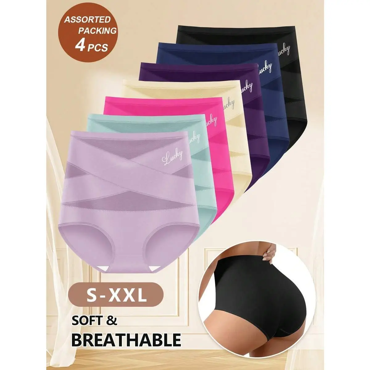 4pcs Random Combination High Waisted Women'S Panties Breathable Mesh Cross Traceless Triangle Panties