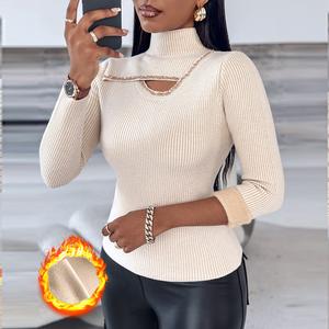 ChicMe Women's Rhinestone High Neck Long Sleeve Knit Sweater Fleece Lined Basic Layering Soft Thermal Top