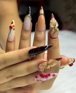 3D Flower Cherry Press On Nails Black Pearl Gothic Nail Art Glossy Retro Y2K Style Easy Application Custom Sizes XS-9 mm for Quick Changes or Special Occasions