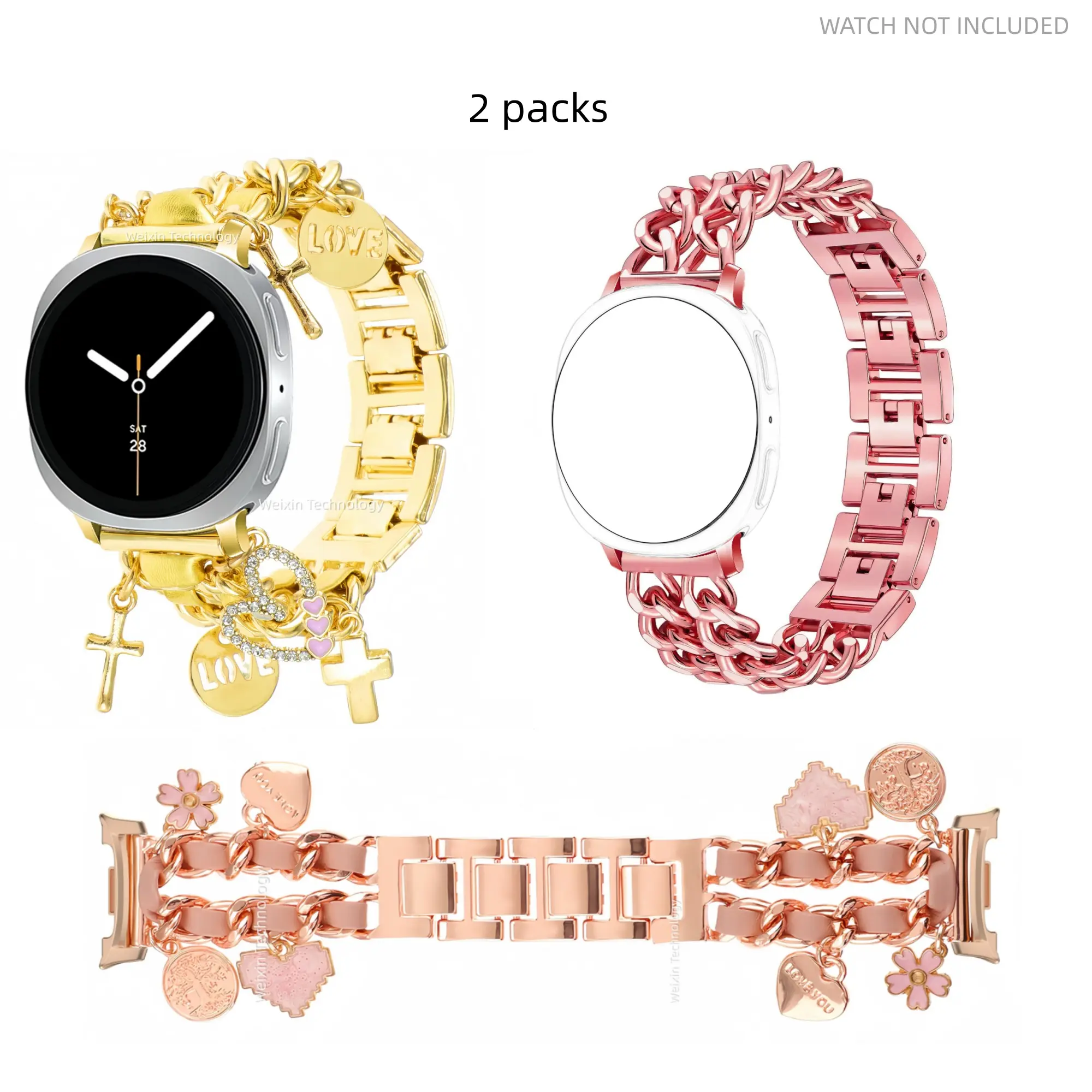 Metal strap suitable for Samsung Galaxy Watch 8 Cuban chain metal pendant strap 40mm/44mm Watch8 Classic 46mm heart-shaped pendant strap, love cross strap, denim chain style bracelet 2 packs Smart Watch Accessories, Watch Straps