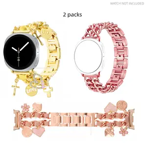 Metal strap suitable for Samsung Galaxy Watch 8 Cuban chain metal pendant strap 40mm/44mm Watch8 Classic 46mm heart-shaped pendant strap, love cross strap, denim chain style bracelet 2 packs Smart Watch Accessories, Watch Straps