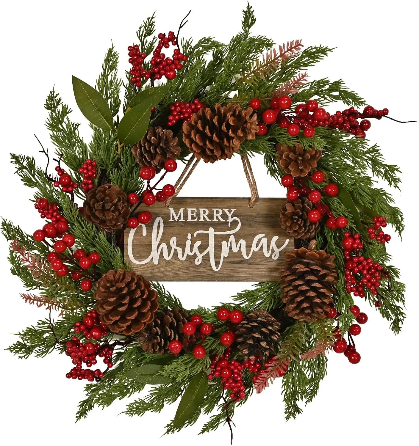 20 Inch Christmas Wreath with Pinecone Berries Olive Leaves Brown Sign Natural Grapevine Ornaments Festive Home Decor for Front Door Parties Indoor Settings