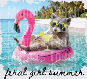 Feral Girl Summer Raccoon on Pink Flamingo Pool Float with Cocktail