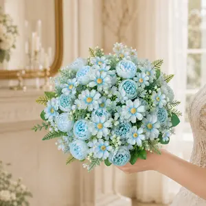 6pcs Blue Champagne Color Artificial Flower Bouquet, Wedding Bridal Handheld Flowers, Home Decor, Romantic Style, Multi-Scene Decoration