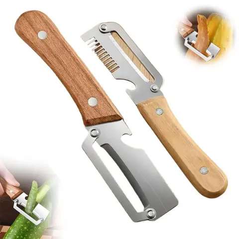 2-Piece Multifunctional Kitchen Peeler Set, Ultra-Sharp Stainless Steel Blade, Wooden Handle with Bottle Opener, Ideal for Peeling Fruits and Vegetables, Kitchen Utensils, Vegetable Peelers for Kitchen