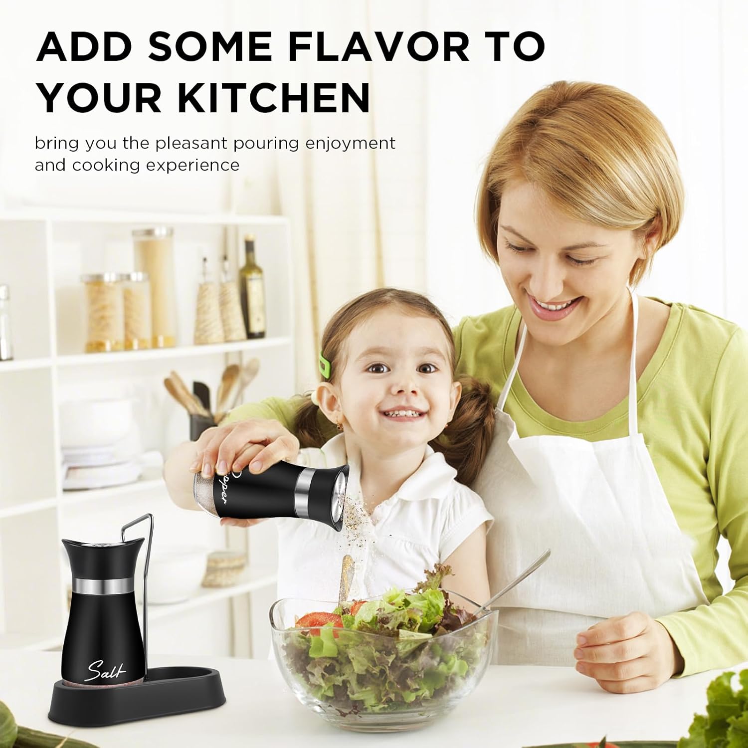 Salt and Pepper Shakers, Farmhouse Salt and Pepper Shakers Set with Holder, electroplated Handle, 4 oz Stainless Steel Glass Bottle Dispenser, for Table, RV, Camp, BBQ (Black)