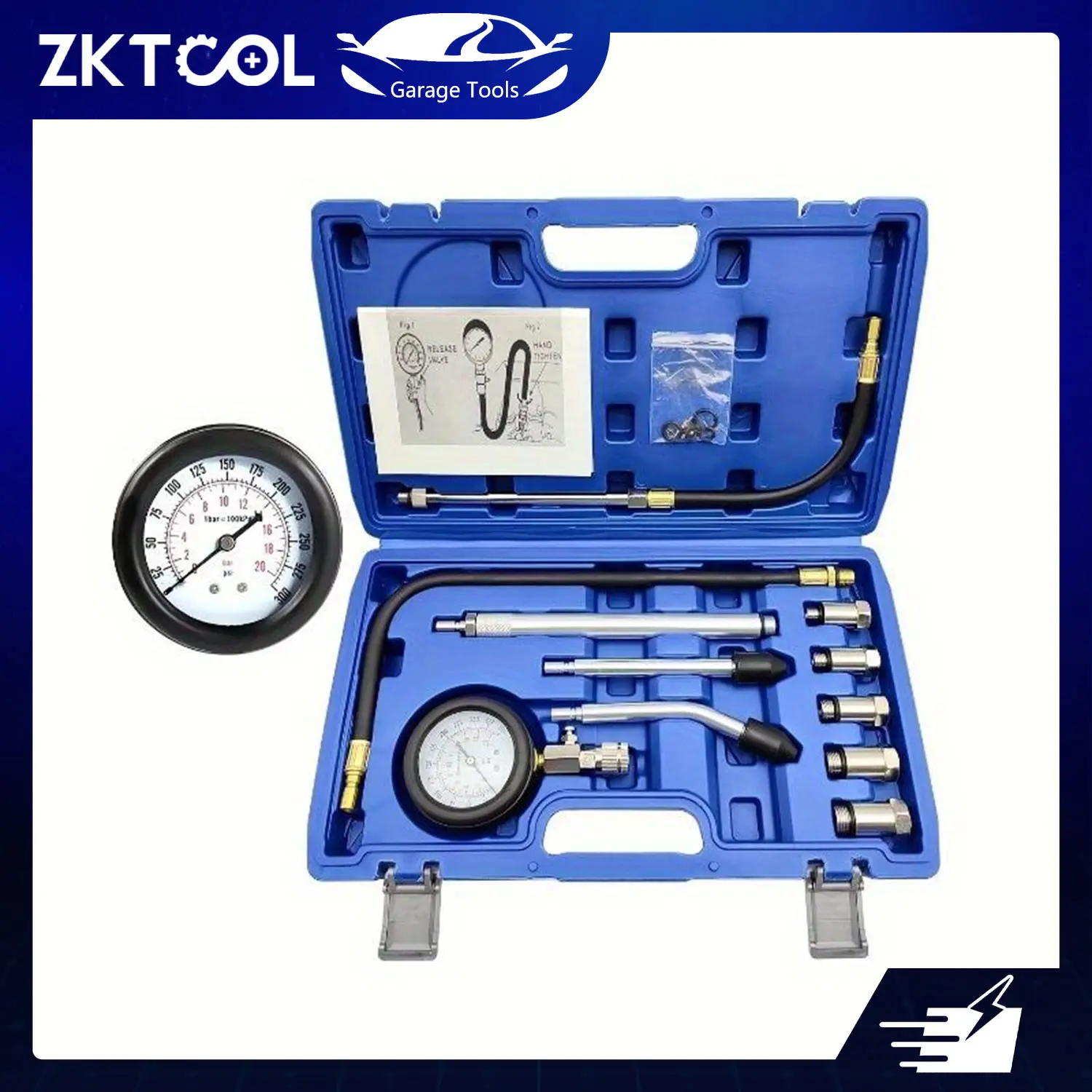ZKTOOL 11-Pack Multifunctional Copper-Nickel Cylinder Compression Tester Kit - 3-inch Dual-Scale Gas Engine Pressure Gauge for Cars, Trucks, Motorcycles & Almost All Gasoline Engines, Mechanic Tool Box Item
