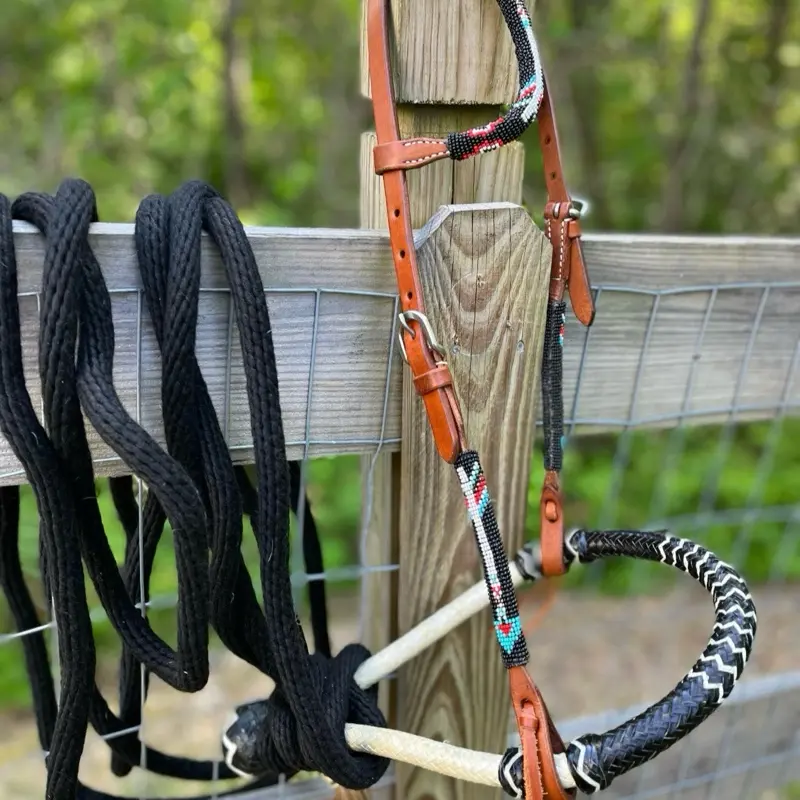 Horse Size Beaded Bitless Bosal Hackamore Bridle Nylon Mecate Rein Set