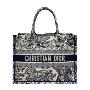 Pre-owned Dior Canvas Tote Bags CHRISTIAN Navy Oblique Medium Book Tote