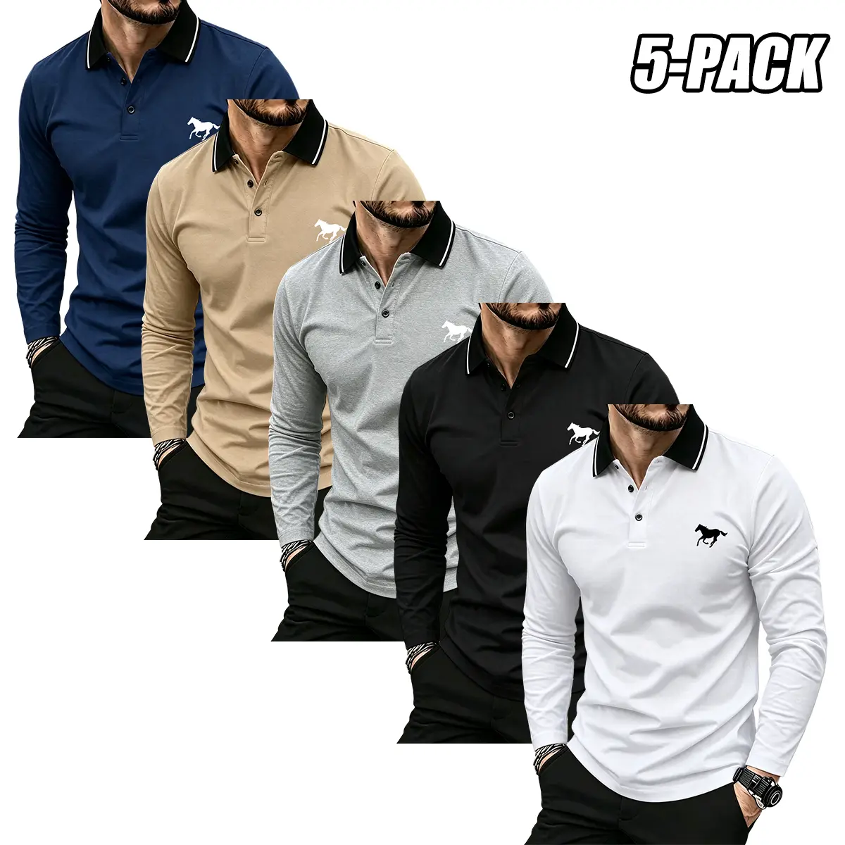 5-pack men’s solid-color polo shirts with turn-down collar, breathable quick-dry golf casual shirt, lightweight stretchy polyester button design, suitable for summer office and everyday wear, comfortable fit long-sleeve top