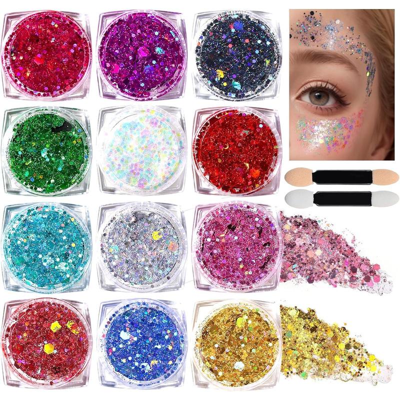 Body Glitter Face Glitter Makeup Festival Glitter, Body Glitter Gel, Hair Glitter Gel, 6 Shapes Rave Glitter, Mermaid Sequins Makeup Glitters Face Paint, Chunky Sparkling Glitter Gel for Women