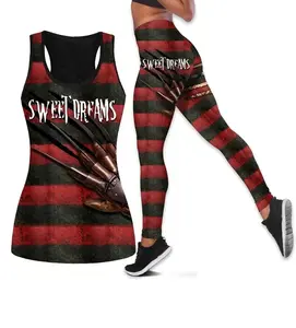 Dream Stalker Inspired Hollow Tank Top or Leggings for Women – Spooky Striped Horror Graphic Activewear, Gothic Fan Workout Outfit