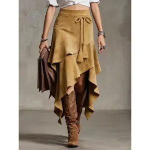 Retro asymmetrical skirt with tassel details, high-waisted bohemian style, loose long skirt, spring and autumn women’s clothing GARMENTARY