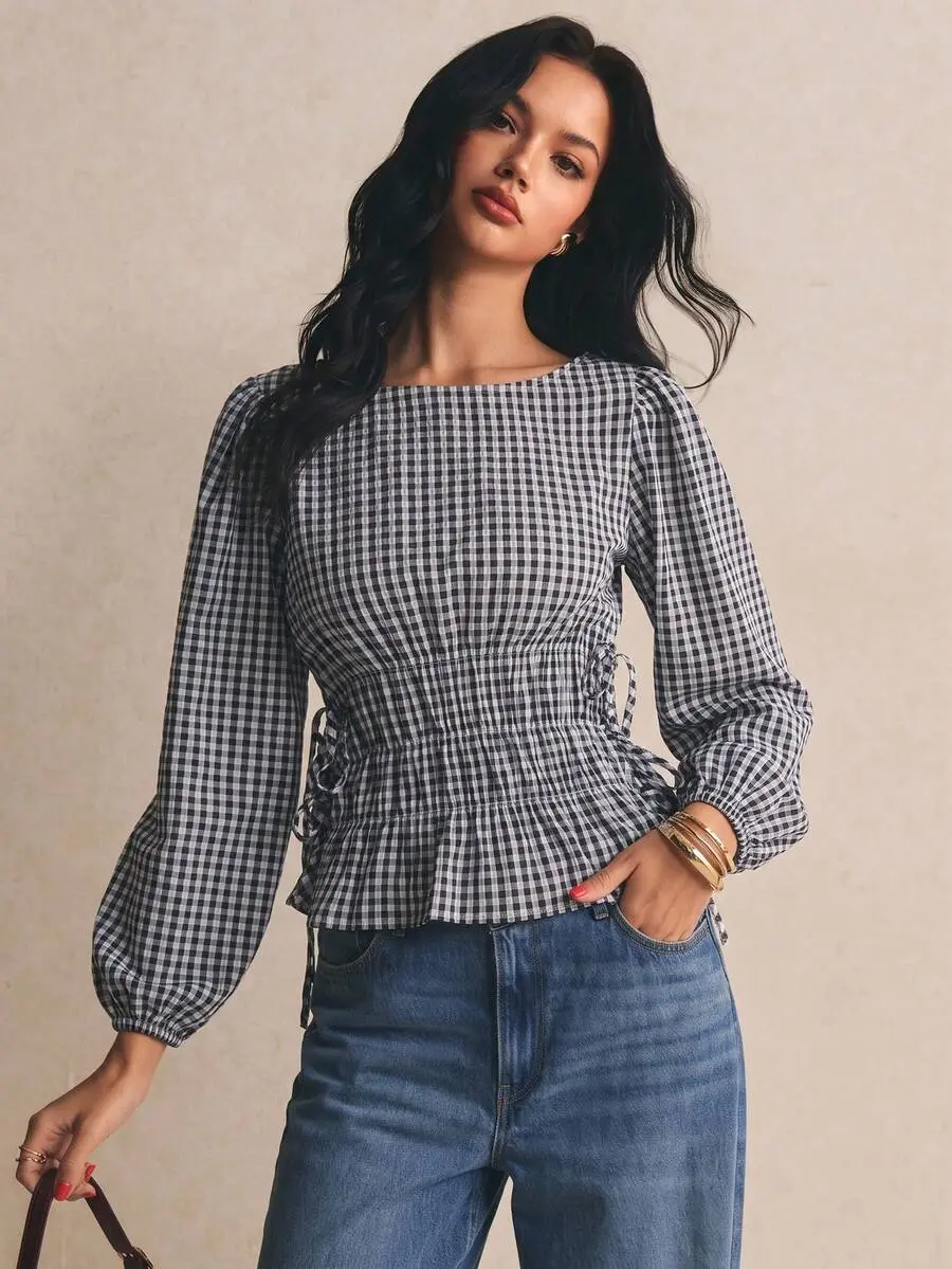 Women's Gingham Plaid Long Sleeve Blouse for Women - Smocked Waist Lantern Sleeve Peplum Top with Side Drawstring Fall Back to School Casual