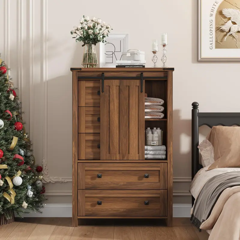 GARVEE 48" Farmhouse Dresser - 5-Drawer Wood Chest with Sliding Barn Door & Adjustable Shelf for Bedroom/Hallway/Living Room,Walnut
