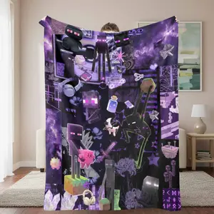 Purple Enderman Flannel Blanket Pixel Art Galaxy Gaming Aesthetic Soft Cozy Warm Lightweight Suitable for Bedroom Sofa Travel Gift Party Decor