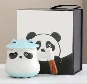 A404. Cute Panda Ceramic Mug with Lid, Tea Infuser Cup, Water Separation Design, Office Tea Cup