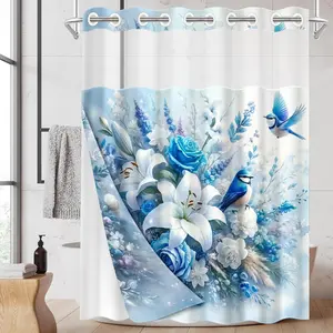1pc hookless shower curtain hanger liner Blue and White Flowers with Birds Floral Fabric waterproof lining shower curtain with transparent window, double-layer shower curtain, 71 x 74 inches, modern home curtain decoration, Bathroom Shower Curtain