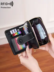 Ladies' foldable PU leather short wallet, with RFID anti-blocking function, zipper design, multiple card slots and coin compartment, stylish and practical, Rfid Protected Wallet