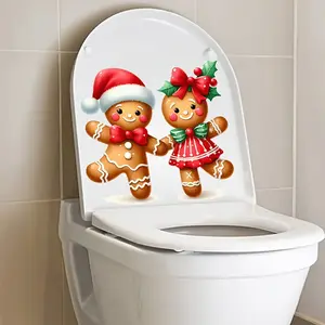 1 piece of Christmas gingerbread men's restroom decal - self-adhesive ceramic bathroom decoration, holiday theme with festive gingerbread couple design, easy to install, seasonal home decoration semi gloss square decal, Bathroom Decor Supplies
