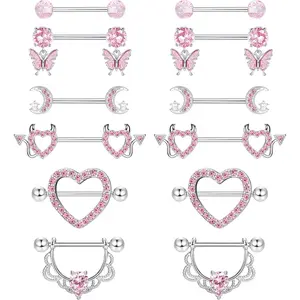 MILACOLATO 6 Pairs Nipple Bars for Women 316L Surgical Steel Nipple Piercing Jewellery Barbell Piercings Tongue Bars Rings Heart Body Piercing Jewellery