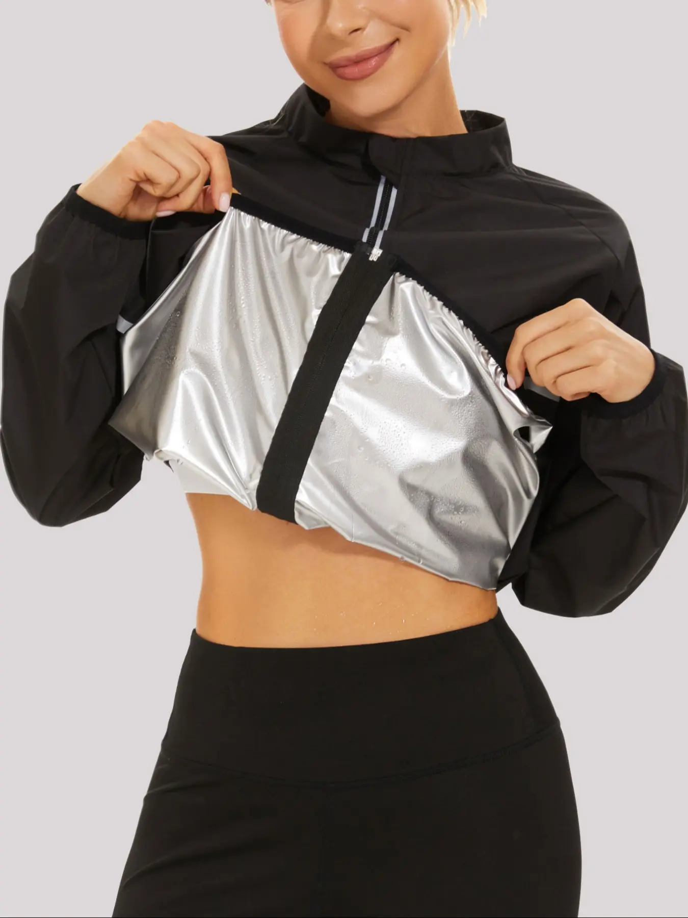 Women's Plus Size Sweat Sauna Suit, Long Sleeve Zipper Gym Jacket, Workout Fat Burning Sauna Shirt, Body Shaping Sauna Vest, Sports Yoga Jacket, Sculpted Sports Jacket, Fitness Outerwear, Polyester Athleisure