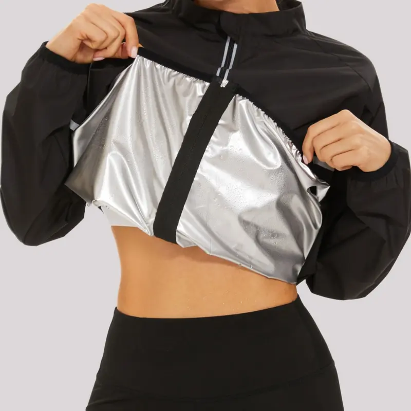 Women's Plus Size Sweat Sauna Suit, Long Sleeve Zipper Gym Jacket, Workout Fat Burning Sauna Shirt, Body Shaping Sauna Vest, Sports Yoga Jacket, Sculpted Sports Jacket, Fitness Outerwear, Sports Outwear, Polyester Athleisure, Workout Clothes Women