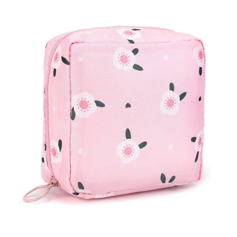 Pink/White Floral Sanitary Napkin Pouch - Cute Period Organizer for Girls & Teens
