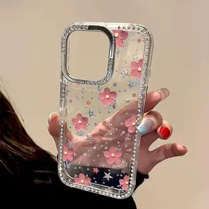 A Luxurious Phone Case Featuring Oil-Painted Flowers And Stylish Rhinestones, with a Transparent Glittery Star Border That Offers Drop Protection, Compatible with for iphone17  16 Pro Max, 15, 14 Plus, 13, 12, And 11, Perfect As a Christmas Gift