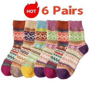 6Pack Womens Vintage Winter Soft Warm Thick Cold Knit Crew Socks, Multicolor, free size