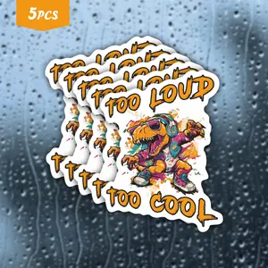 5Pcs Loud & Proud Hip-Hop T-Rex "Too Loud Too Cool" Waterproof Vinyl Sticker, Self-Adhesive Single-Use Decal, Multipurpose Car Decal, Suitable For Water Bottles, Laptops, Cars, Tablets And More, Ideal For Dinosaur Fans, Hip-Hop Heads