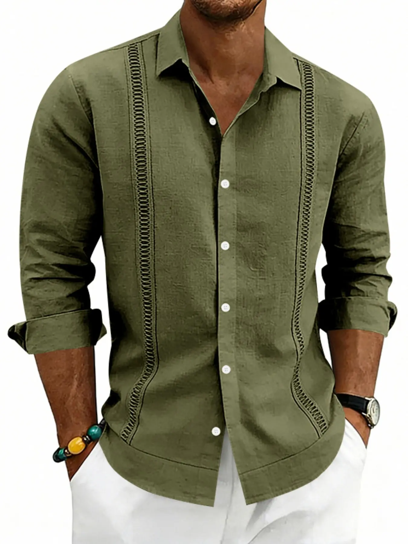 Men's All-Seasons Outfits Linen Blend Breathable Button Down Aesthetic Shirt, Relaxed Fit, Hollow Out Embroidered Trim, Roll-Up Long Sleeve, Classic Casual Beach Top for Vacation, Daily & Summer Wear, Embroidery