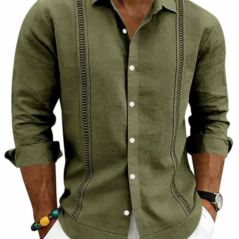 Men's All-Seasons Outfits Linen Blend Breathable Button Down, Relaxed Fit, Hollow Out Embroidered Trim, Roll-Up Long Sleeve, Classic Casual Beach Top for Vacation, Daily & Summer Wear, Embroidery, Casual Button Shirts