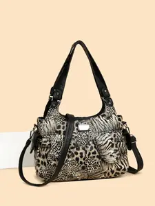1pc Ladies' leopard print zebra print patchwork multi pocket shoulder bag, retro large capacity design suitable for daily shopping, commuting, and street style daily wear