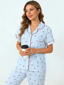 Daily Wear Light Blue Gingham Cherry Pajama Set for Women, Button Down Short Sleeve Long Pants, Spring Summer Loungewear Homewear, All-over Print, Delicate Sweet Home Outfit Nightwear Pjs