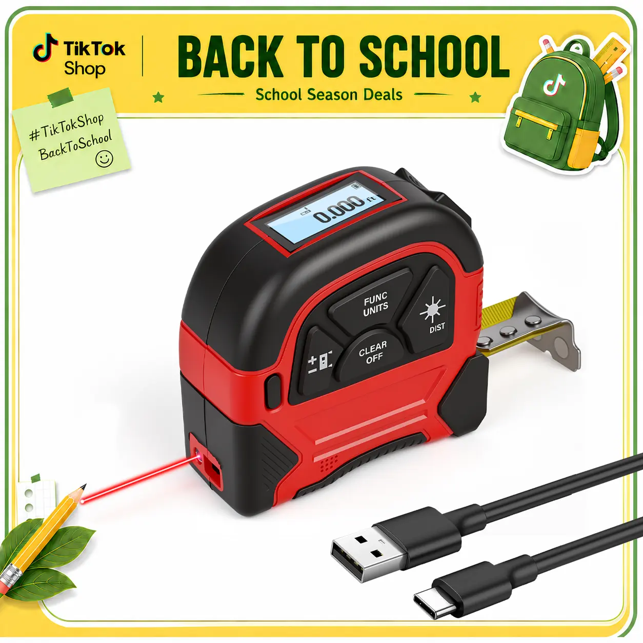Rechargeable LCD High-Precision Digital Laser Tape Measure - 196ft/60m Laser Distance Meter, 16ft/5m Measuring Tape, IP54 Rated Tool for Home DIY, Construction