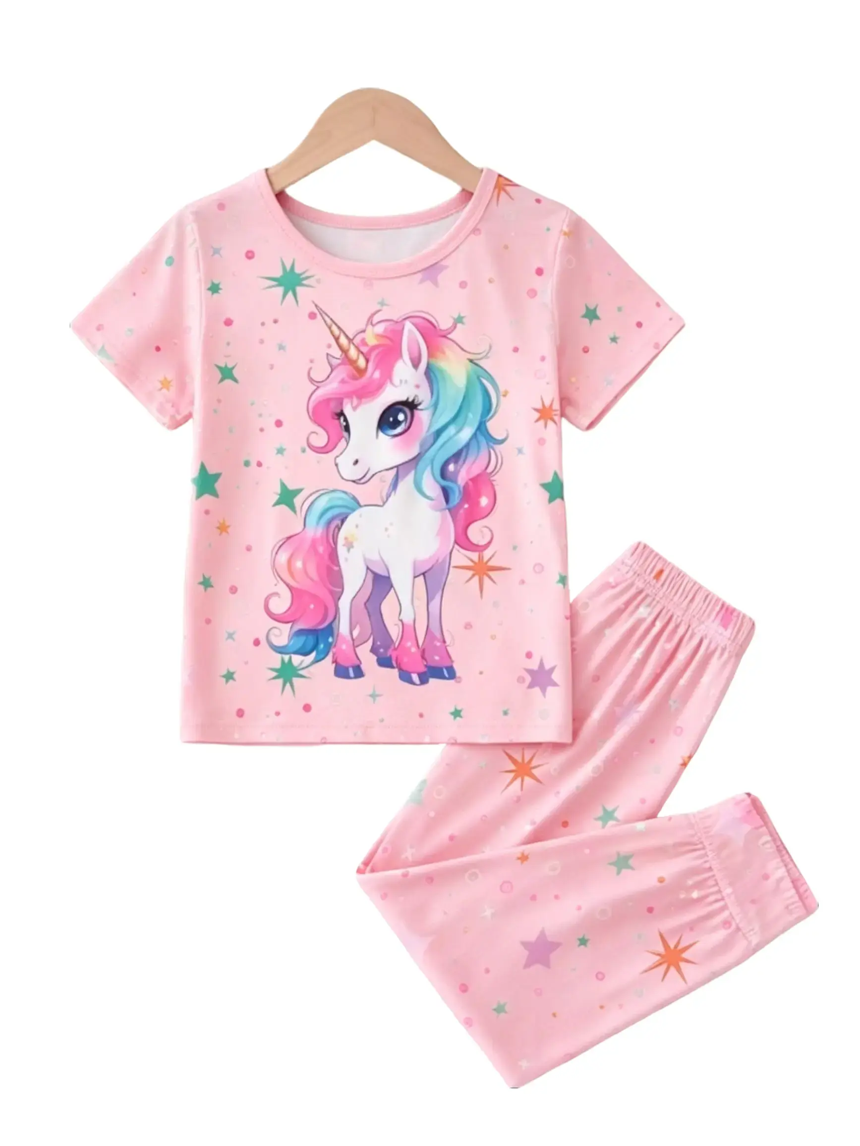 Girls' 2-Piece Outfits Set - Casual Stretch Unicorn Graphic Tee with Pocket & Star Pattern Polyester Shorts with Elastic Waist, Graphic Print Set, 9 - 10 Years, Cartoon, H Type, Colorful Star Pattern, Pocket Detail, Slight Stretch, Matching Outfits Set